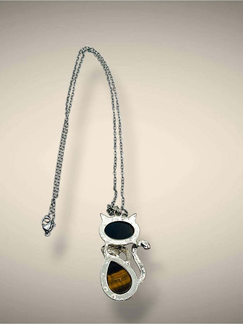 Cute Tiger Eye Natural Stone Cat Kitten Pendant Necklace Silver Tone - Picture 13 of 16